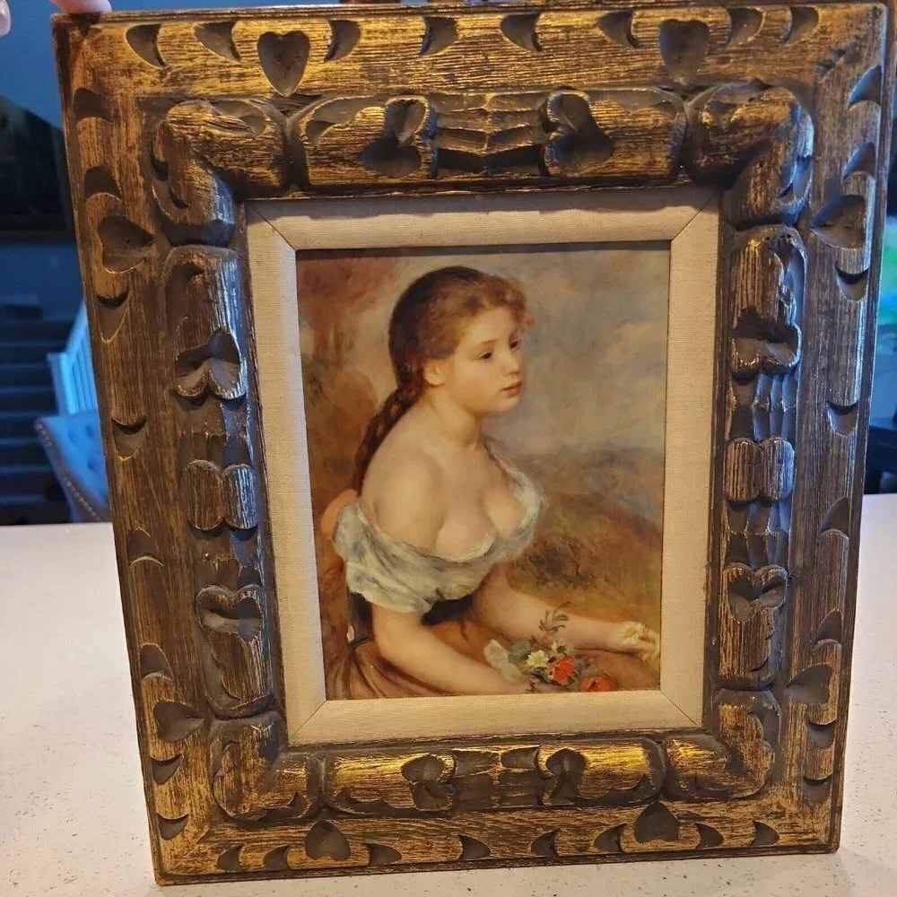 Gold wooden Framed Picture Of Young Girl With Flowers matted 18x16
